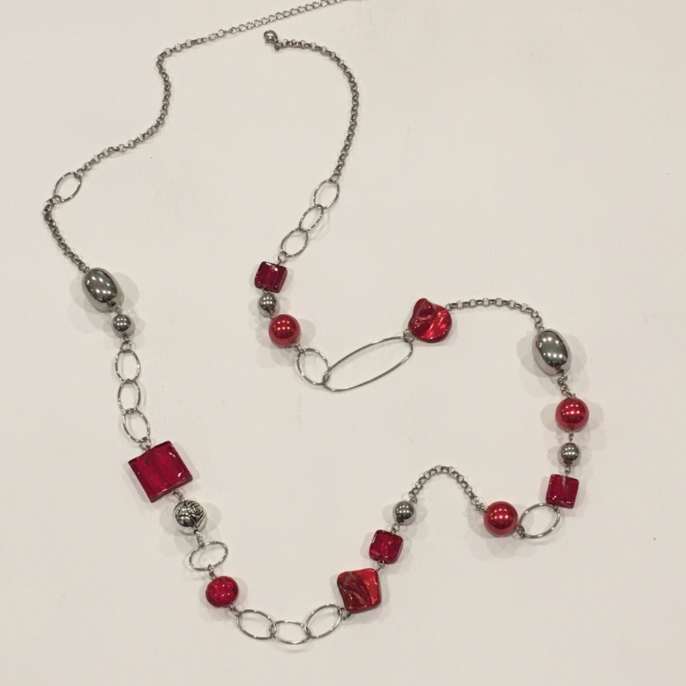 Glass, Shell, Red & Silver Necklace - Picture 6 of 6